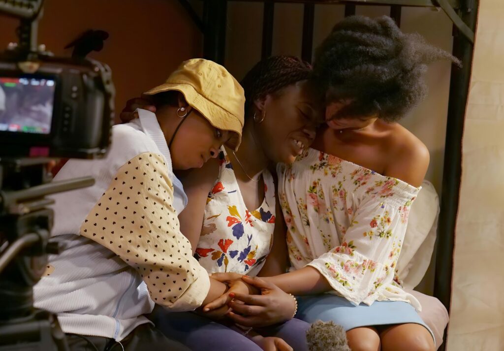 Nadia (Peculiar Adunni Anthony), Ronke (RuBelle Diamond) and Mary (Lucille Love) on the set of UniLife Drama Series.